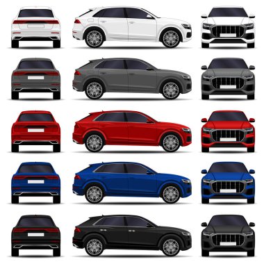 Gerçekçi SUV seti. Ön görünüm; yan görünüm; arka görünüm.