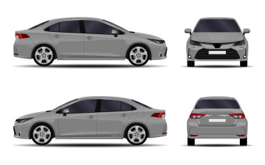 Gerçekçi bir araba. Sedan. ön görünüm; yan görünüm; arka görünüm.