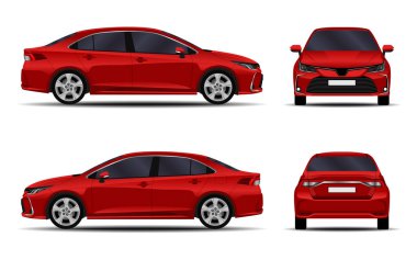 Gerçekçi bir araba. Sedan. ön görünüm; yan görünüm; arka görünüm.
