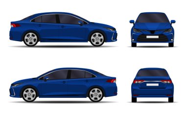 Gerçekçi bir araba. Sedan. ön görünüm; yan görünüm; arka görünüm.