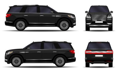 Gerçekçi bir SUV arabası. Ön görünüm; yan görünüm; arka görünüm.