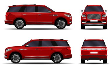 Gerçekçi bir SUV arabası. Ön görünüm; yan görünüm; arka görünüm.