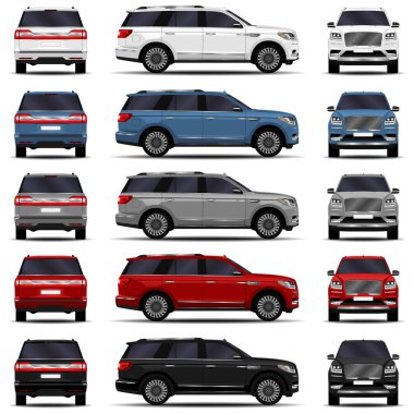 Gerçekçi SUV seti. Ön görünüm; yan görünüm; arka görünüm.