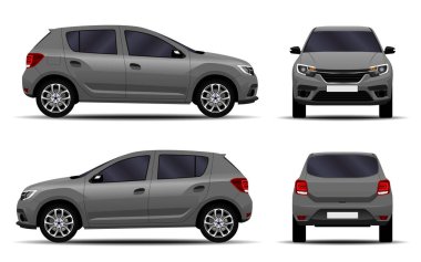 Gerçekçi bir araba. Hatchback. Ön görünüm, yan görünüm, arka görünüm.