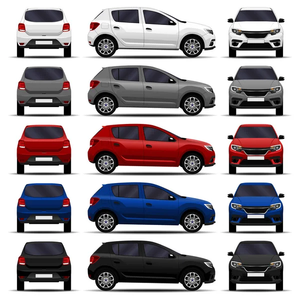 Conjunto Coches Realistas Hatchback Vista Frontal Vista Lateral Vista Trasera Vectores de stock libres de derechos