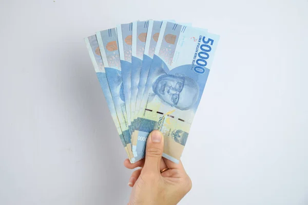 Frau Hält Und Zeigt 000 Indonesische Rupiah Geld — Stockfoto