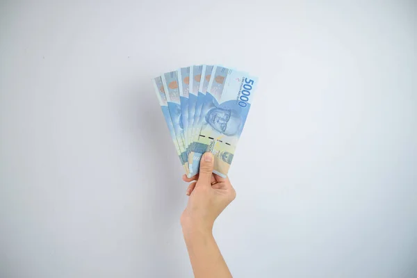 Frau Hält Und Zeigt 000 Indonesische Rupiah Geld Stockfoto