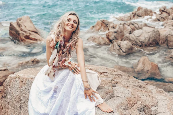 Cheerful Young Boho Style Woman White Dress Stone Beach — Stock Photo, Image