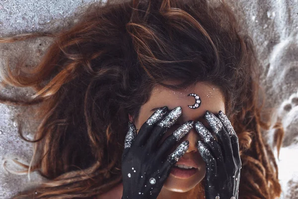 Close up of beautiful young woman cover eyes — Stock Photo, Image