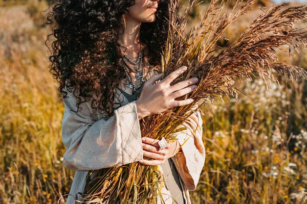 Gün batımında bir alanda güzel genç kadının yakın portre — Stok fotoğraf