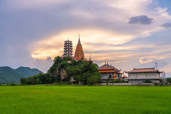 美丽的天空在夕阳下的绿稻田旁 优美的佛寺 — 图库照片