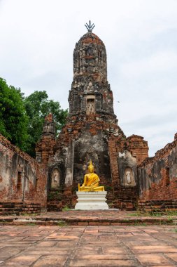 Ayutthya, Tayland eski yıkık Budist tapınağında eski pagoda önünde güzel Altın Buda resim