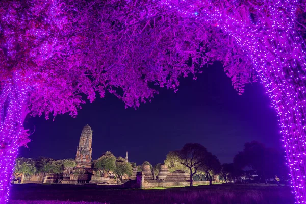 Ruined Buddhist Temple Night Scene Purple Led Light Decorated Trees — Stock Photo, Image