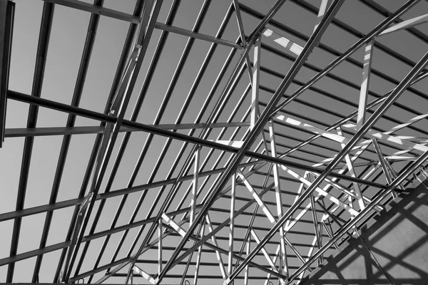 Structure Cadre Toit Acier Pour Construction Bâtiments Photo Noir Blanc — Photo
