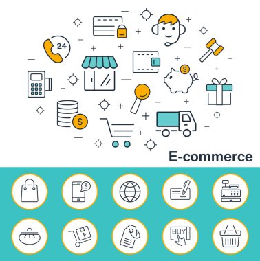 Düz tarzda e-ticaret afiş. Anahat vektör simgeleri.