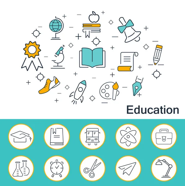 Education banner in flat style. Outline vector icons. — Stock Vector