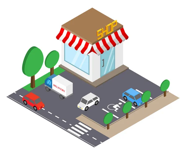 Bâtiment commercial avec place de parking dans un style isométrique. Illustration vectorielle 3D . — Image vectorielle