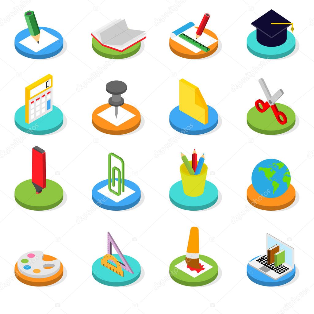 Education isometric icon set. 3D vector symbols.