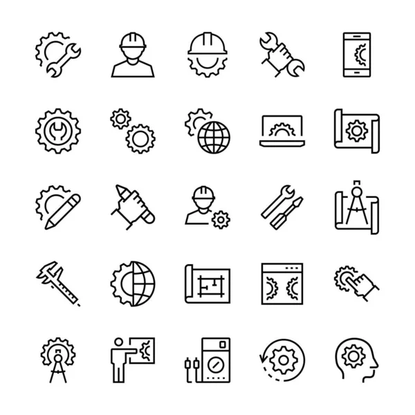 Engineering en fabricage icon set in dunne lijnstijl. Vector symbolen. — Stockvector