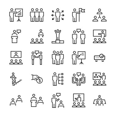 İş adamları, sunum, ince çizgi tarzında ayarlanan eğitim simgesi. Vektör sembolleri.