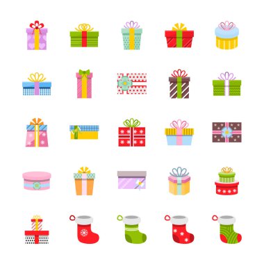 Hediye kutusu ve Noel çorap simgesi düz tarzda ayarlanır. Vektör Illustration.