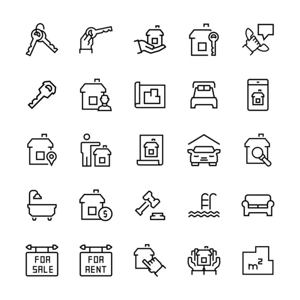 Conjunto de ícones simples de itens imobiliários em estilo linha fina. Símbolos vetoriais . —  Vetores de Stock