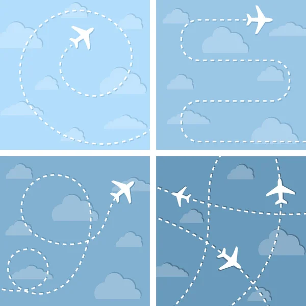 Ilustración de cuatro vectores con aviones de vuelo . — Vector de stock