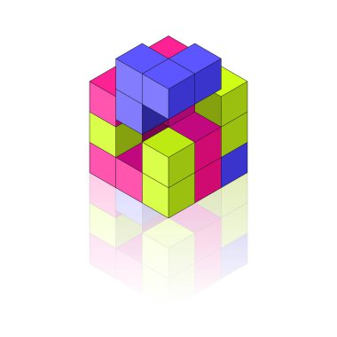 Beyaz arkaplanda yansıması olan renkli Isometric küp. Oyuncak, yap-boz. Vektör illüstrasyonu.