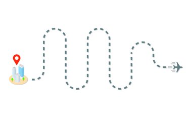 Yer işaretli uçak pisti ve izometrik binalar. Vektör illüstrasyonu.