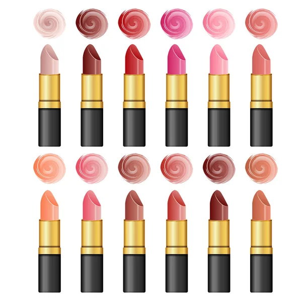 Set Lipstik Realistis Warna Ilustrasi Vektor Pada Latar Belakang Putih - Stok Vektor