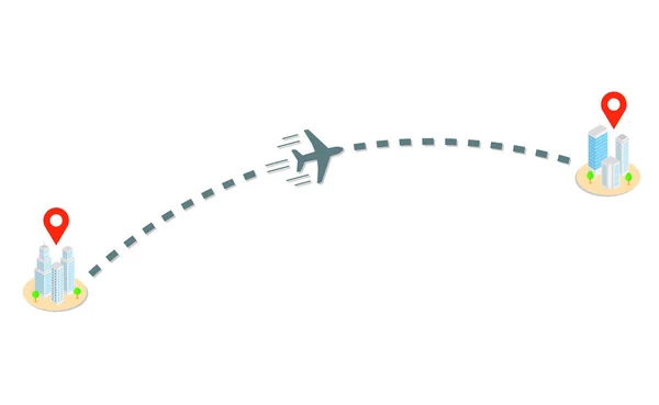 Trilho Avião Edifícios Isométricos Com Sinal Localização Ilustração Vetorial —  Vetores de Stock