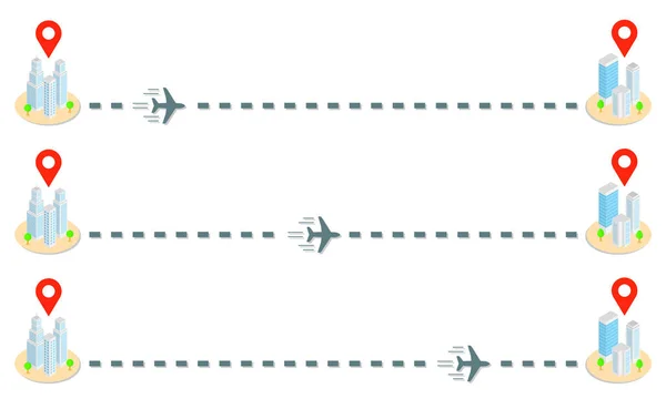 Trilho Avião Edifícios Isométricos Com Sinal Localização Ilustração Vetorial —  Vetores de Stock