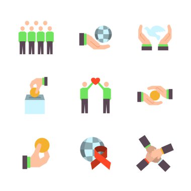 Sadaka, sponsorluk, bağış ve donör ikonu düz bir şekilde ayarlandı. Vektör simgeleri.