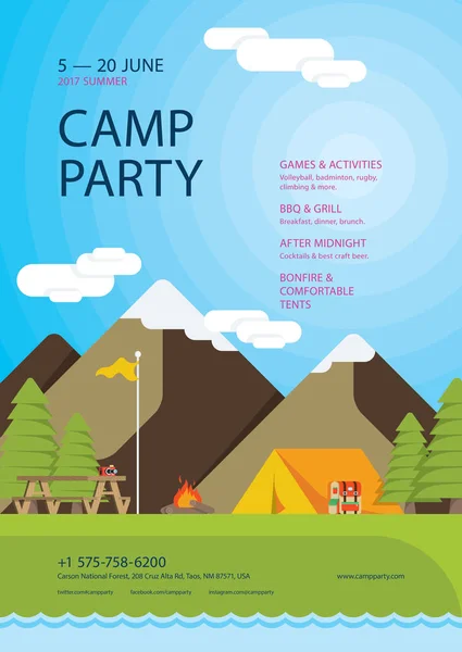 Camp Parti Poster Şablonu Renkli Vektör Illüstrasyon — Stok Vektör