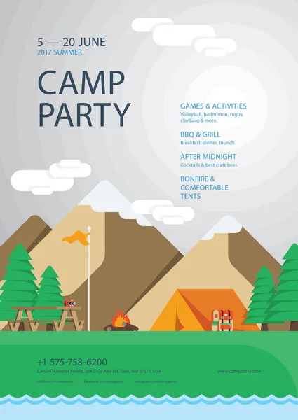 营地派对海报模板的彩色矢量插图 — 图库矢量图片