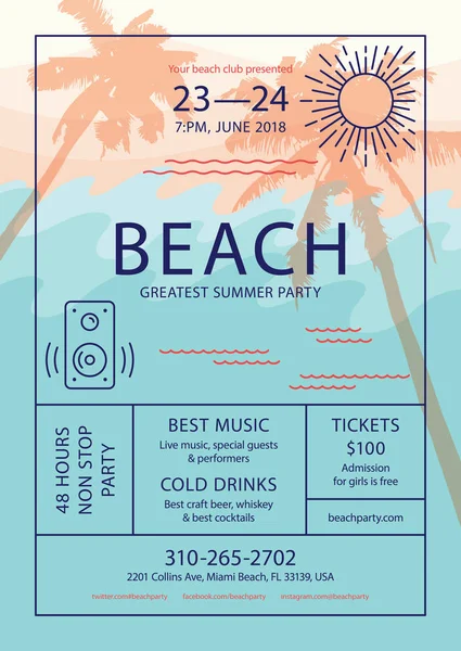 Färgglada Vektor Illustration Beach Party Affisch Mall — Stock vektor