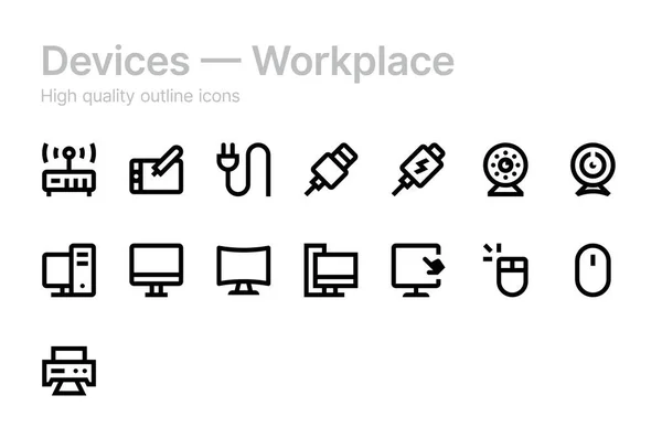 Set Icone Del Luogo Lavoro Dei Dispositivi Semplice Illustrazione Vettoriale — Vettoriale Stock