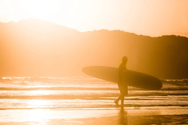 Surfista Saindo Mar Durante Pôr Sol Tropical — Fotografia de Stock