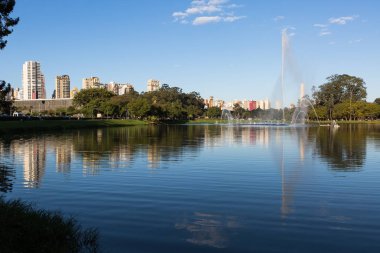 Çeşme ve arka planda, Sao Paulo - Brezilya Dikilitaş Ibirapuera Park Manzaralı