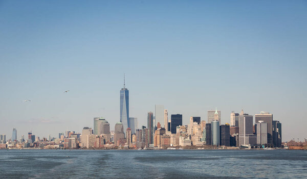 The skyline of New York City's Manhattan Island, and Hudson River from the Staten Island Ferry
