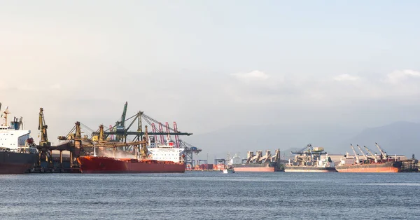 Bağlantılı gemilerin yüklü olduğu Santos Port Canal 'ın görünümü — Stok fotoğraf