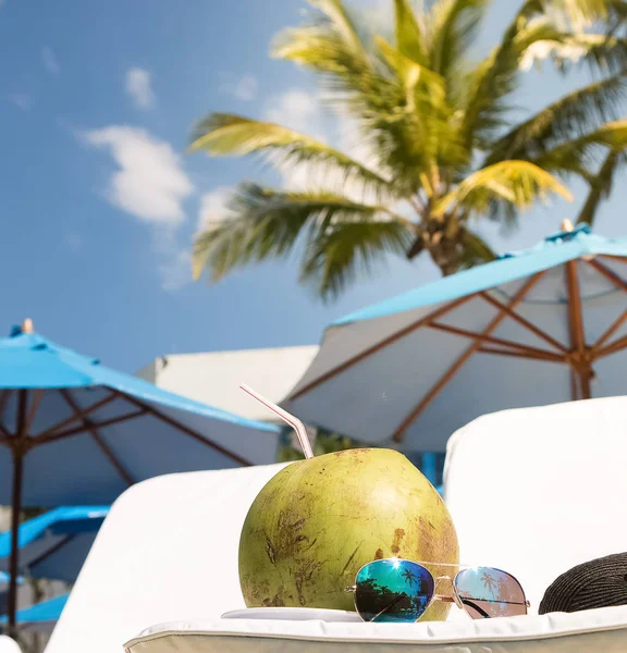 Tropische achtergrond met Iced Coconut, zonnebril en kokosnoot tr — Stockfoto