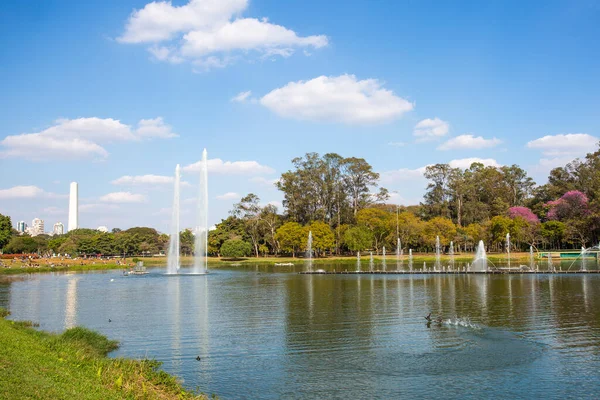 以圣保罗喷泉和方尖碑为背景的Ibirapuera公园景观 — 图库照片