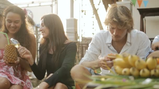 Fröhliche Gruppe von Leuten, die Spaß haben, lächeln, Picknick-Party genießen — Stockvideo