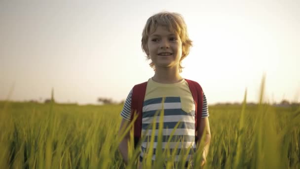 Gülümseyen çocuk okuldan eve pirinç alanının yeşil çim. — Stok video