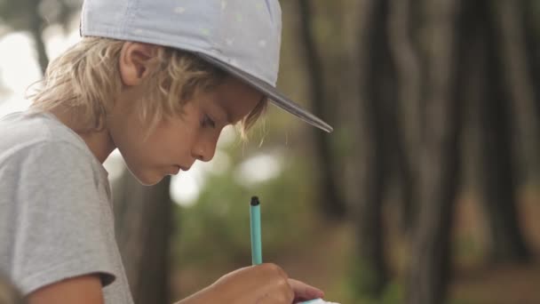 Niño hace bocetos en cuaderno sobre fondo de madera . — Vídeos de Stock