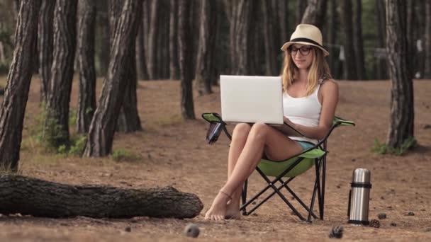 Souriante fille travaillant sur ordinateur portable à l'extérieur en vacances d'été . — Video