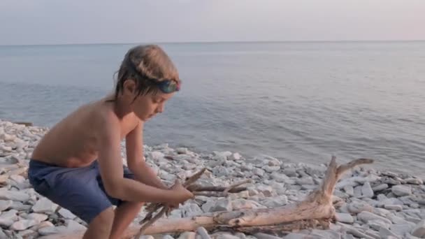 Familia feliz disfrutando de la puesta de sol de verano en la playa salvaje alrededor de la hoguera . — Vídeos de Stock