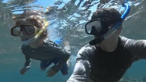 Schnorchelndes Kind taucht mit Vater im klaren blauen Ozeanwasser mit Fischen — Stockvideo