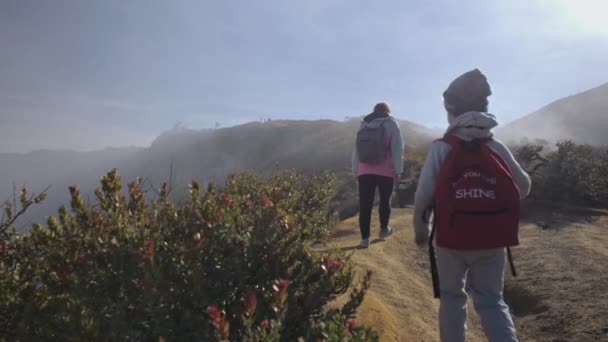 Familia joven con niño durante el senderismo en la montaña . — Vídeo de stock